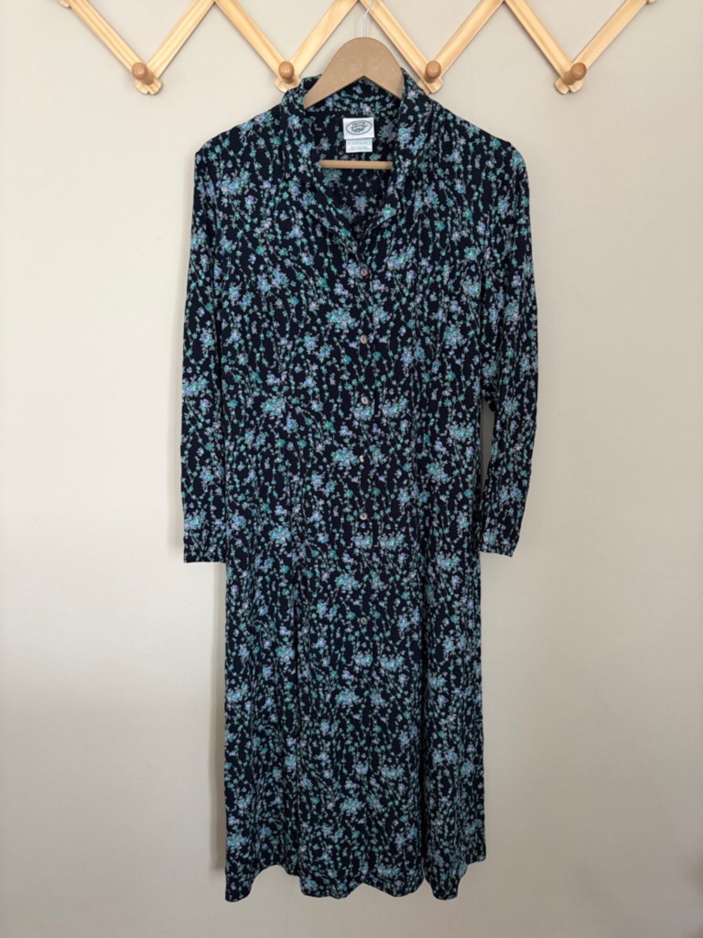 Laura Ashley Long-Sleeve Midi Dress with Teal Floral Print